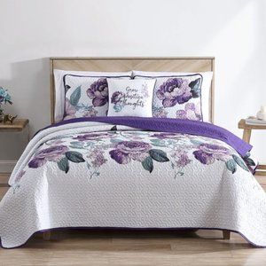 New 4-Piece Purple & White Reversible Quilt Set Accent Pillow Included - QUEEN